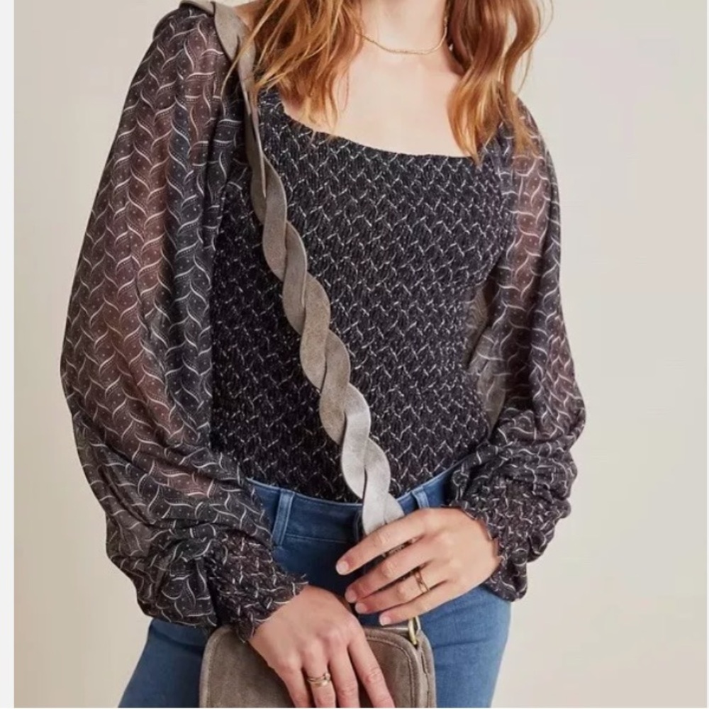 ANTHROPOLOGY Rouen Smocked Balloon Sleeve Square Neck Top.